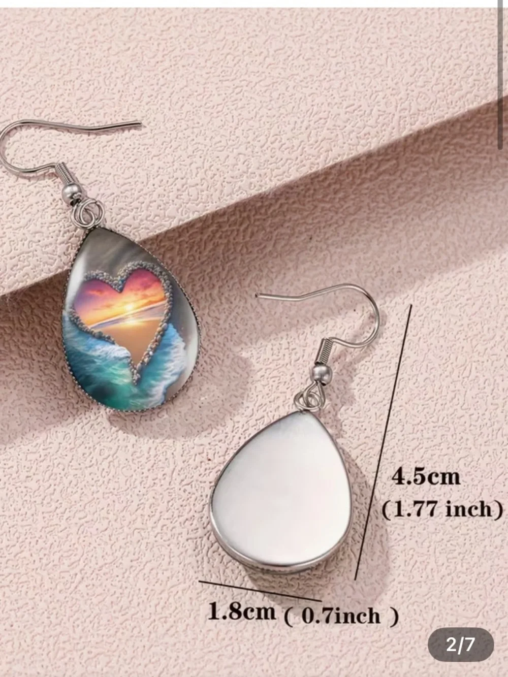 Summer Heart Beach Ocean Design Silver Necklace and Teardrop Dangle Earrings New